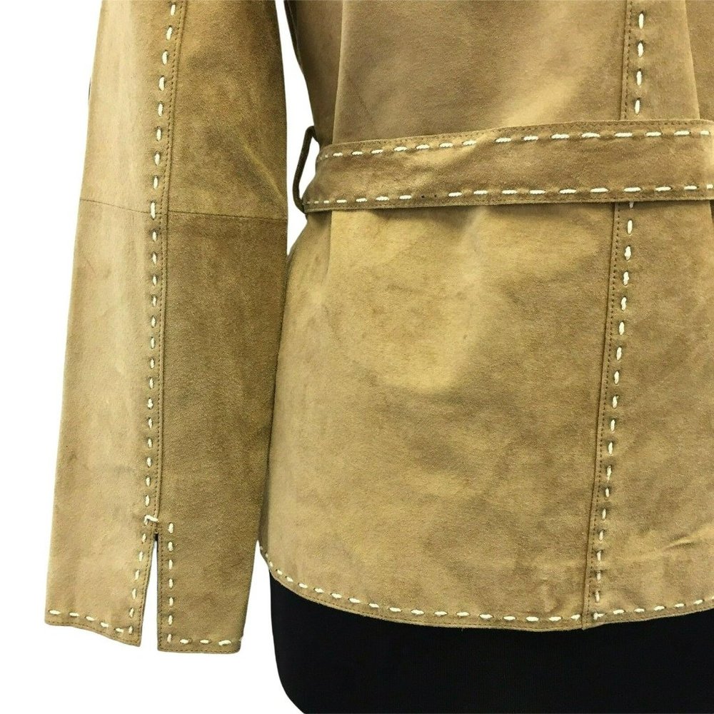 INC Coat M Brown Tan Genuine Leather Belted Boho Womens - Picture 7 of 12